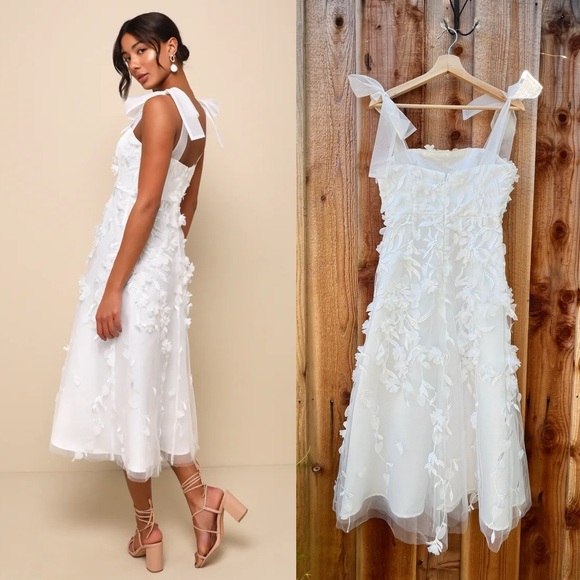 White Tulle 3D Floral Tie-Strap Bow Midi Dress - Picture 2 of 10